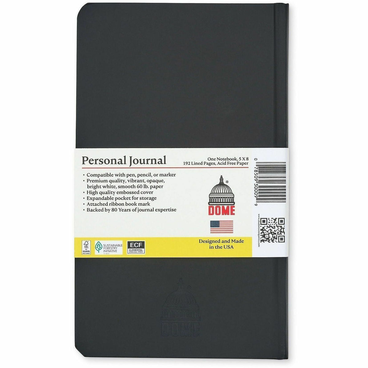 Dome Personal Journal, 60 lb Basis Weight, 5" x 8", 5 x 8 Inch Hardcover Black Lined Journal Notebook, Bright White Paper (DOM30009)