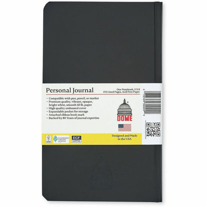 Dome Personal Journal, 60 lb Basis Weight, 5" x 8", 5 x 8 Inch Hardcover Black Lined Journal Notebook, Bright White Paper (DOM30009)