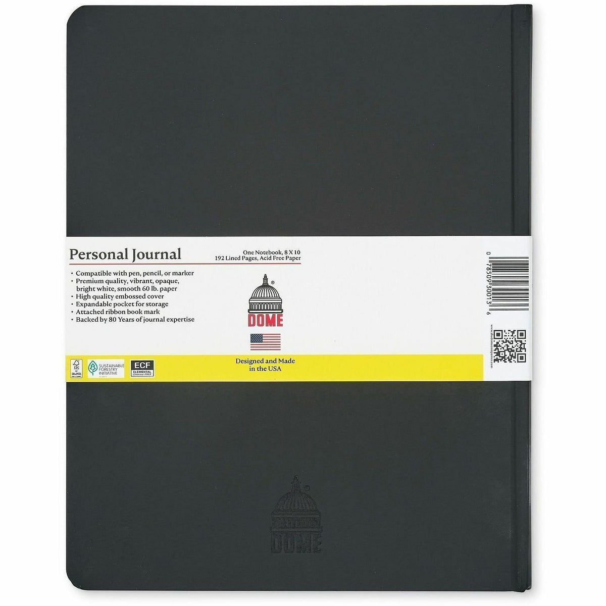 Dome Personal Journal, 60 lb Basis Weight, 8" x 10", 8 x 10 Inch Hardcover Black Lined Journal Notebook, Black Cover (DOM30013)