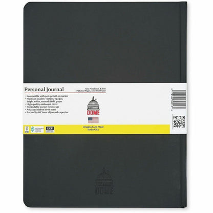 Dome Personal Journal, 60 lb Basis Weight, 8" x 10", 8 x 10 Inch Hardcover Black Lined Journal Notebook, Black Cover (DOM30013)