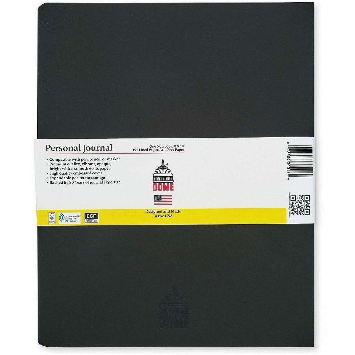 Dome Personal Journal, 60 lb Basis Weight, 8" x 10", 8×10 Inch Softcover Black Lined Journal Notebook, Bright White Paper (DOM30012)