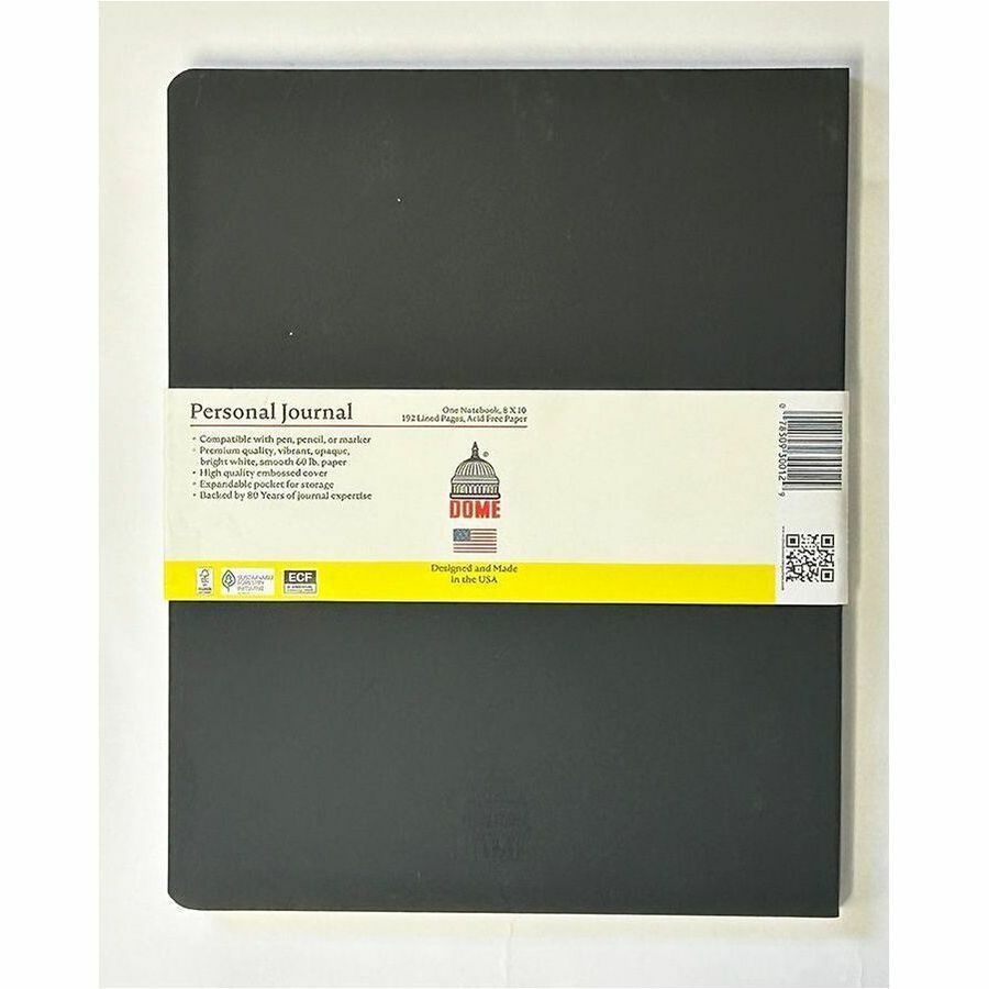 Dome Personal Journal, 60 lb Basis Weight, 8" x 10", 8×10 Inch Softcover Black Lined Journal Notebook, Bright White Paper (DOM30012)
