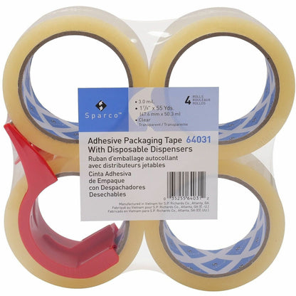 Sparco Heavy-duty Packaging Tape w/Dispenser, 3 mil Thickness, 3" Core, 4/Pack (SPR64031)