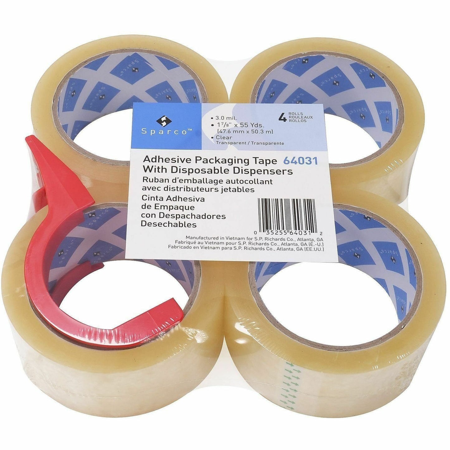 Sparco Heavy-duty Packaging Tape w/Dispenser, 3 mil Thickness, 3" Core, 4/Pack (SPR64031)