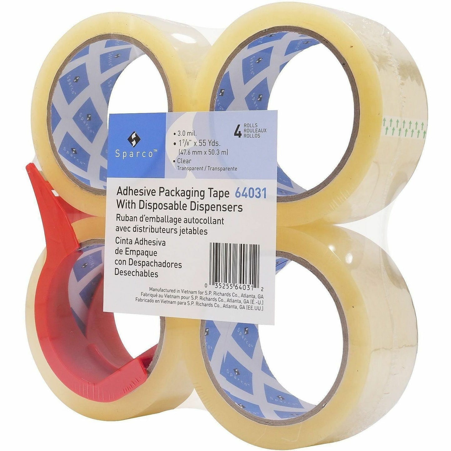 Sparco Heavy-duty Packaging Tape w/Dispenser, 3 mil Thickness, 3" Core, 4/Pack (SPR64031)