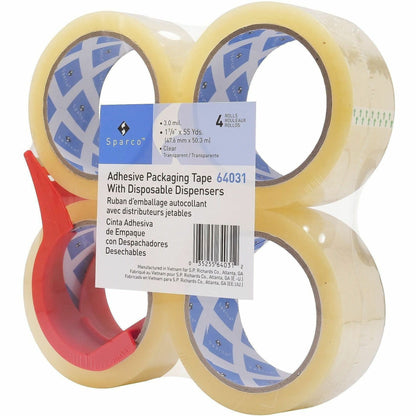 Sparco Heavy-duty Packaging Tape w/Dispenser, 3 mil Thickness, 3" Core, 4/Pack (SPR64031)