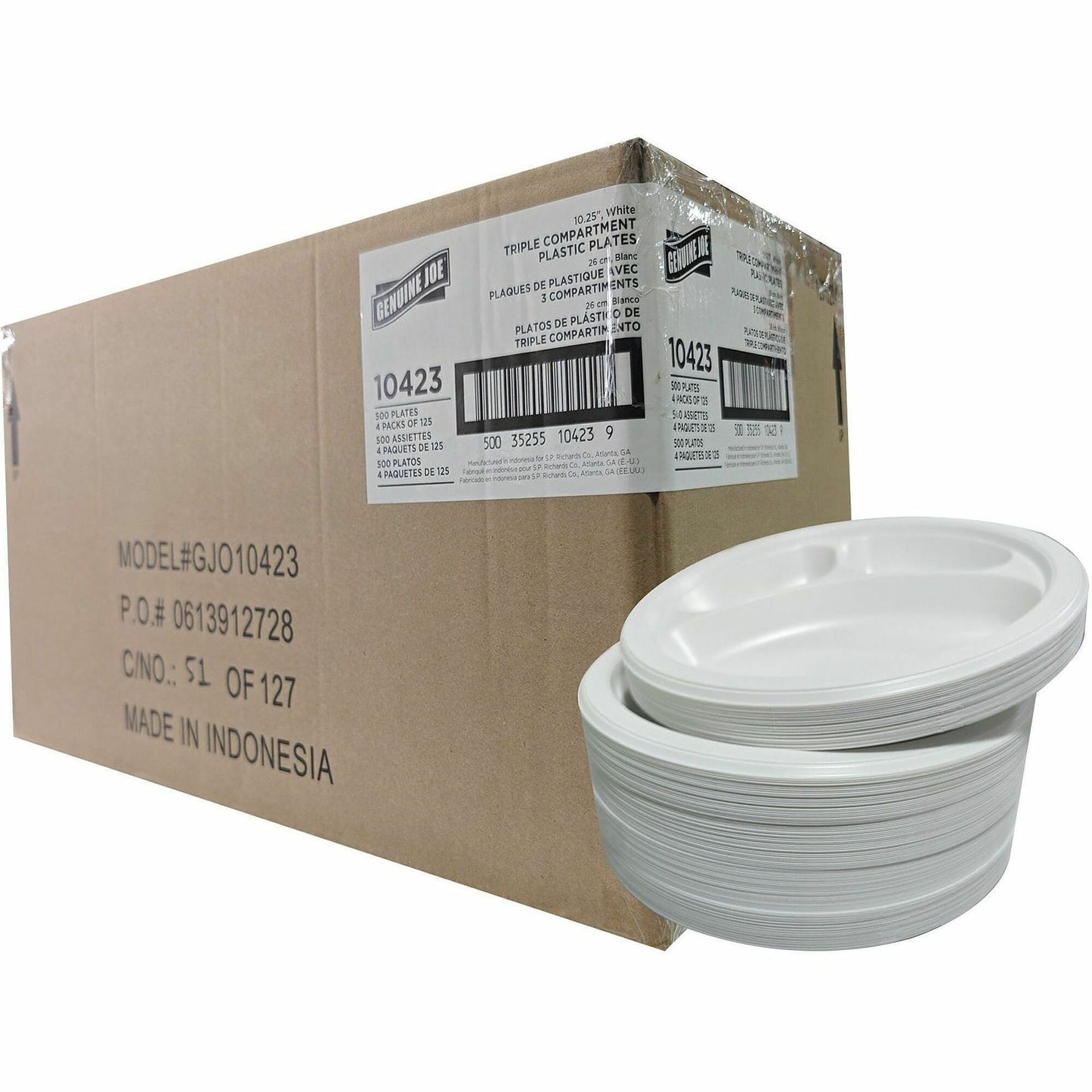 Genuine Joe 3-Compartment Plastic Plates, White, 125/Pack, 4 Packs/Carton (GJO10423)