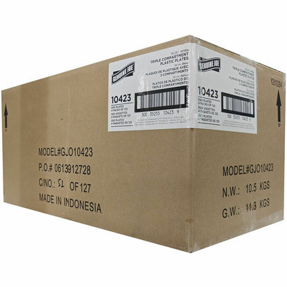 Genuine Joe 3-Compartment Plastic Plates, White, 125/Pack, 4 Packs/Carton (GJO10423)