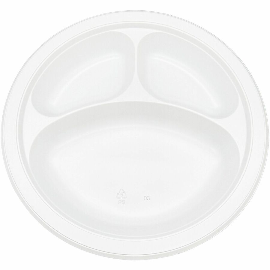 Genuine Joe 3-Compartment Plastic Plates, White, 125/Pack, 4 Packs/Carton (GJO10423)