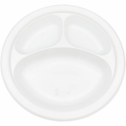 Genuine Joe 3-Compartment Plastic Plates, White, 125/Pack, 4 Packs/Carton (GJO10423)