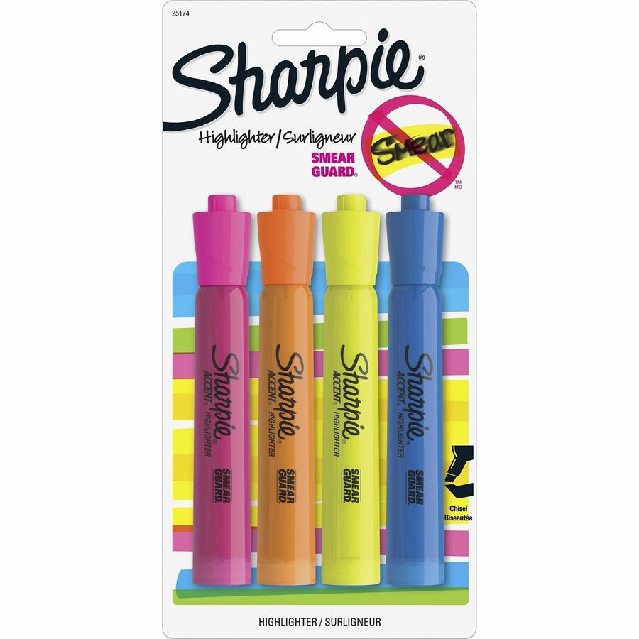 Sharpie Tank Style Accent Highlighters, Yellow, Orange, Pink, Blue Ink, 4/Pack (SAN25174WCPK)