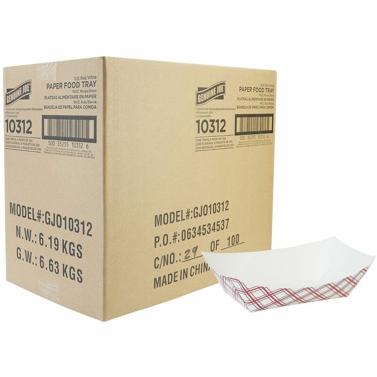 Genuine Joe 16 oz. Paper Food Tray, Red/White, 250/Pack, 4 Packs/Carton (GJO10312)