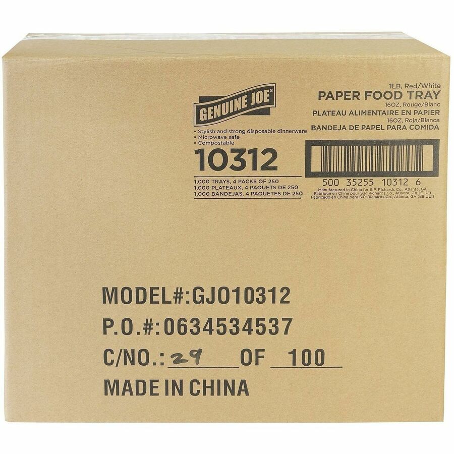 Genuine Joe 16 oz. Paper Food Tray, Red/White, 250/Pack, 4 Packs/Carton (GJO10312)