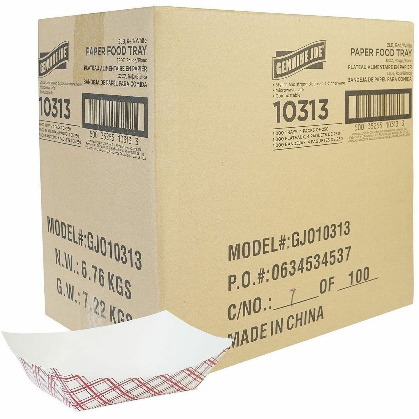 Genuine Joe 32 oz. Paper Food Tray, Red/White, 250/Pack, 4 Packs/Carton (GJO10313)