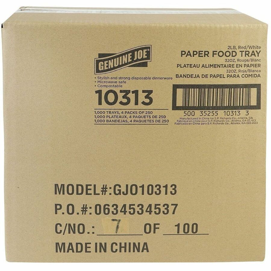 Genuine Joe 32 oz. Paper Food Tray, Red/White, 250/Pack, 4 Packs/Carton (GJO10313)
