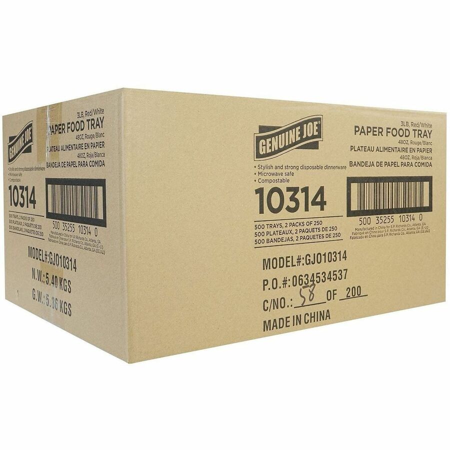 Genuine Joe 48 oz. Paper Food Tray, Red/White, 250/Pack, 2 Packs/Carton (GJO10314)