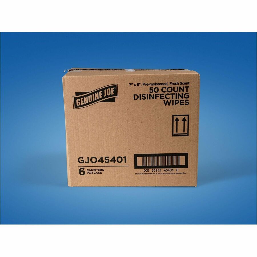 Genuine Joe Broad-Spectrum Disinfectant Wipes, Fresh Scent, 50 Wipes/Tub, 6 Tubs/Carton (GJO45401)