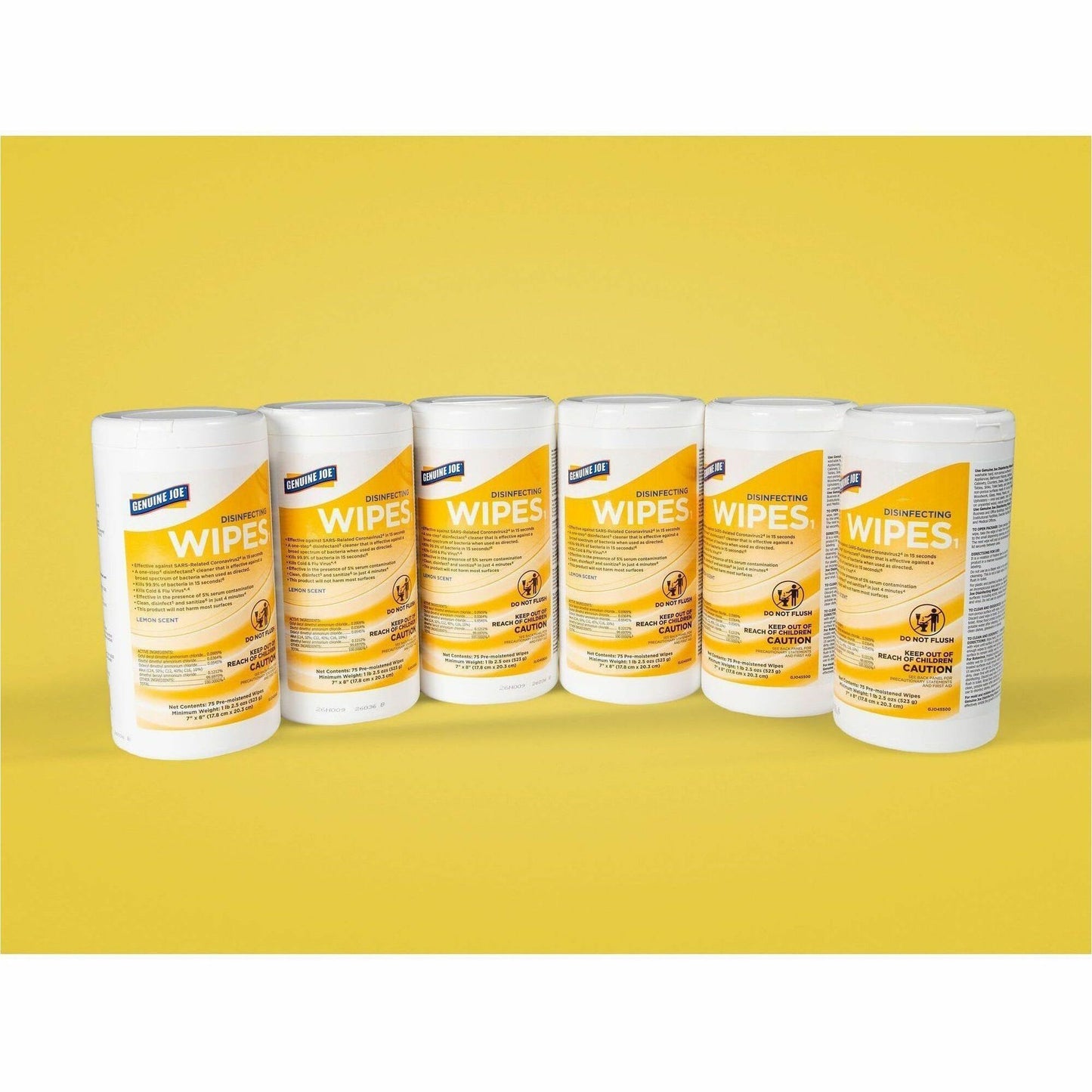 Genuine Joe Broad-Spectrum Disinfectant Wipes, Lemon Scent, 75 Wipes/Tub, 6 Tubs/Carton (GJO45500)