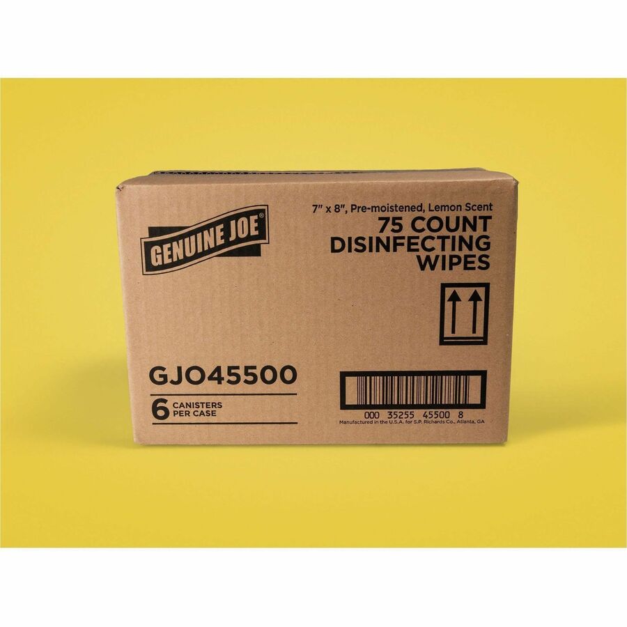 Genuine Joe Broad-Spectrum Disinfectant Wipes, Lemon Scent, 75 Wipes/Tub, 6 Tubs/Carton (GJO45500)