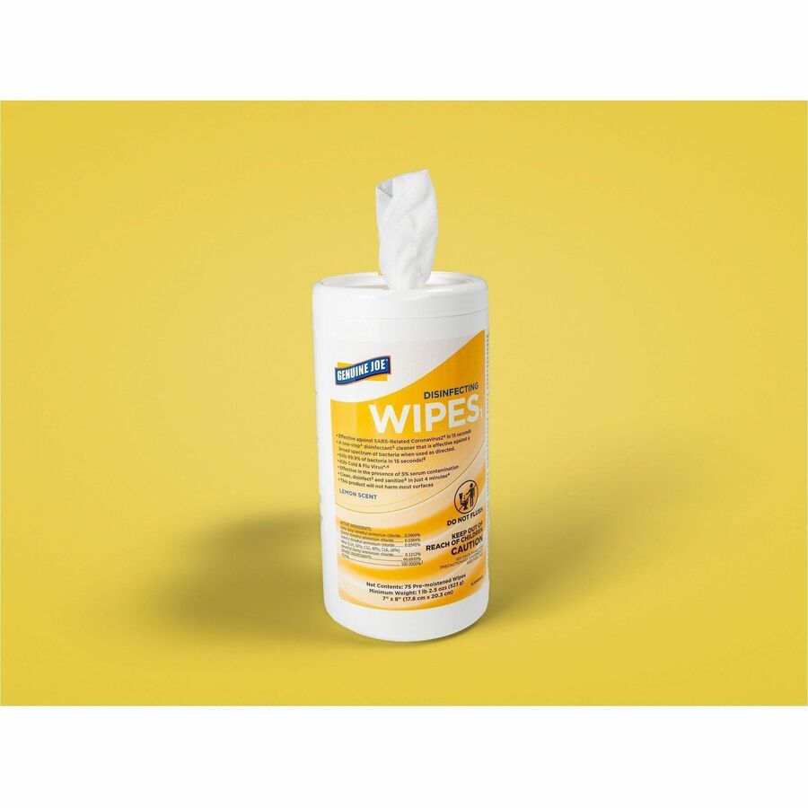Genuine Joe Broad-Spectrum Disinfectant Wipes, Lemon Scent, 75 Wipes/Tub, 6 Tubs/Carton (GJO45500)