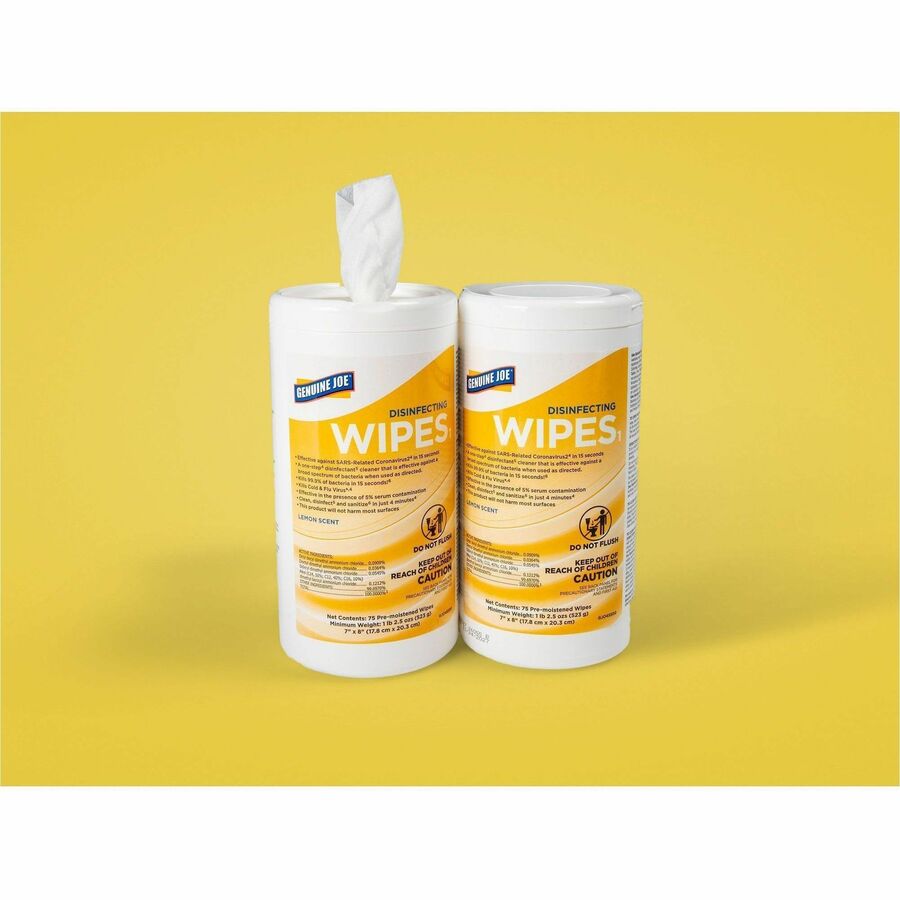 Genuine Joe Broad-Spectrum Disinfectant Wipes, Lemon Scent, 75 Wipes/Tub, 6 Tubs/Carton (GJO45500)