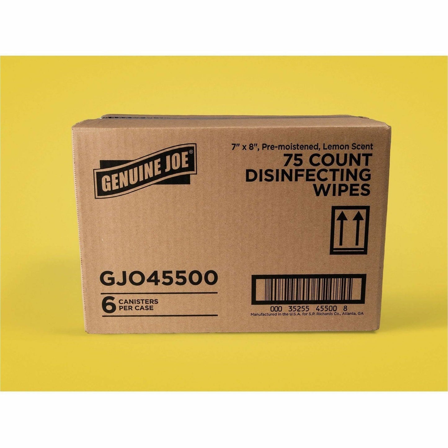 Genuine Joe Broad-Spectrum Disinfectant Wipes, Lemon Scent, 75 Wipes/Tub, 6 Tubs/Carton (GJO45500)