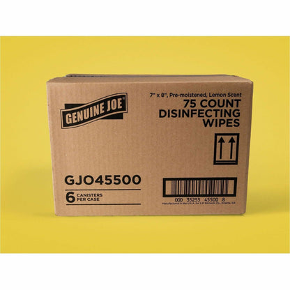 Genuine Joe Broad-Spectrum Disinfectant Wipes, Lemon Scent, 75 Wipes/Tub, 6 Tubs/Carton (GJO45500)