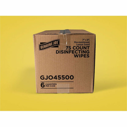 Genuine Joe Broad-Spectrum Disinfectant Wipes, Lemon Scent, 75 Wipes/Tub, 6 Tubs/Carton (GJO45500)