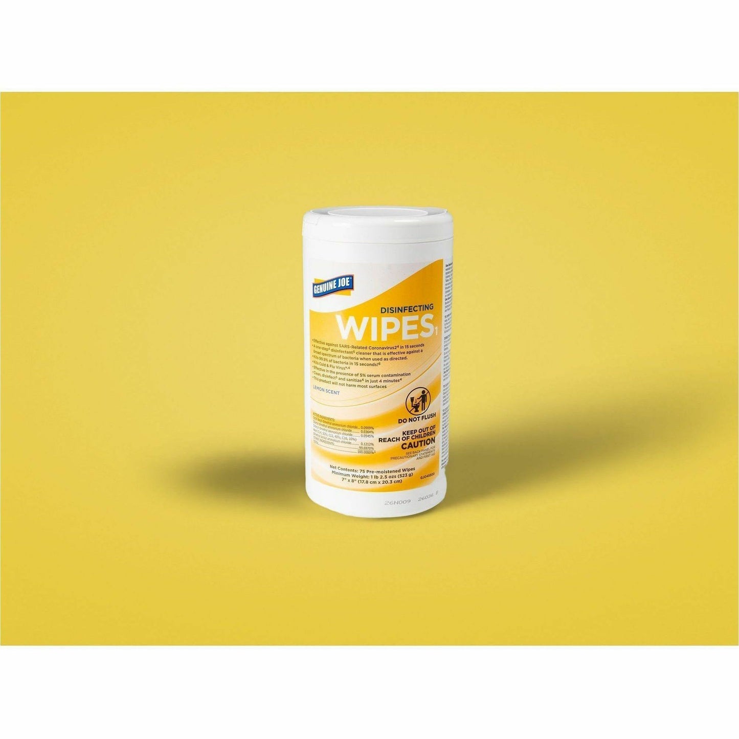 Genuine Joe Broad-Spectrum Disinfectant Wipes, Lemon Scent, 75 Wipes/Tub, 6 Tubs/Carton (GJO45500)