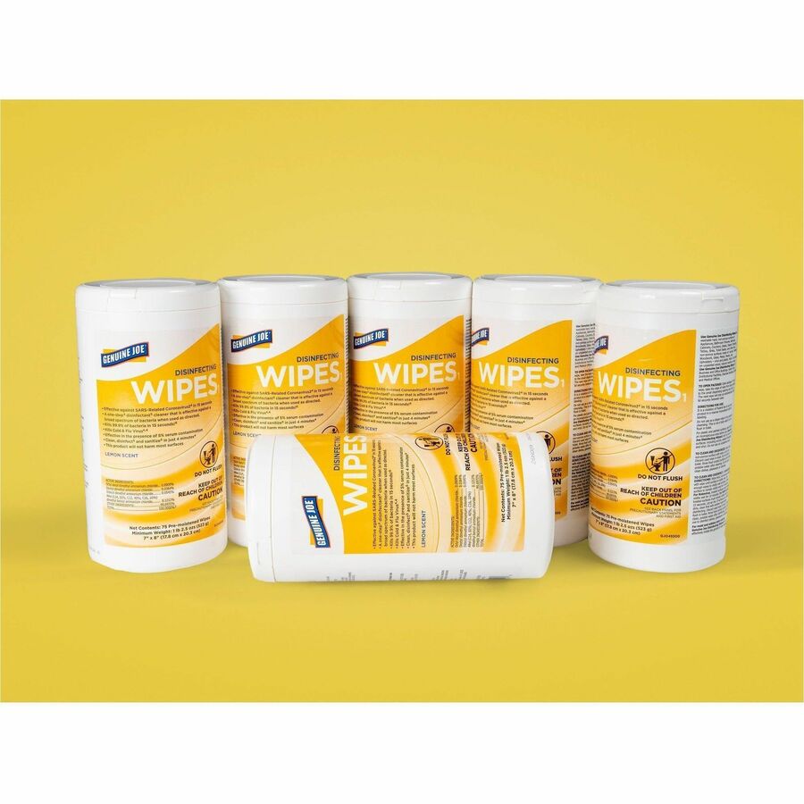 Genuine Joe Broad-Spectrum Disinfectant Wipes, Lemon Scent, 75 Wipes/Tub, 6 Tubs/Carton (GJO45500)