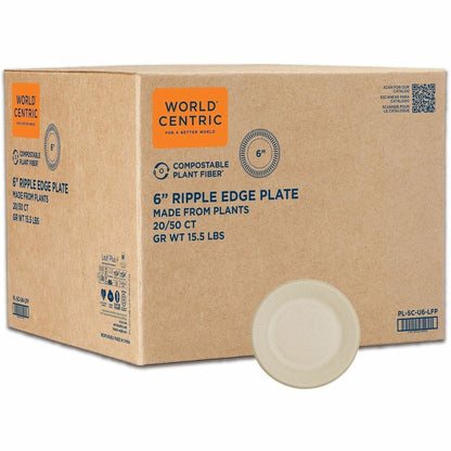 World Centric Compostable Fiber Plate, 6" Diameter, Food, Natural, Bamboo, 1000/Carton (WORPLSCU6LFP)