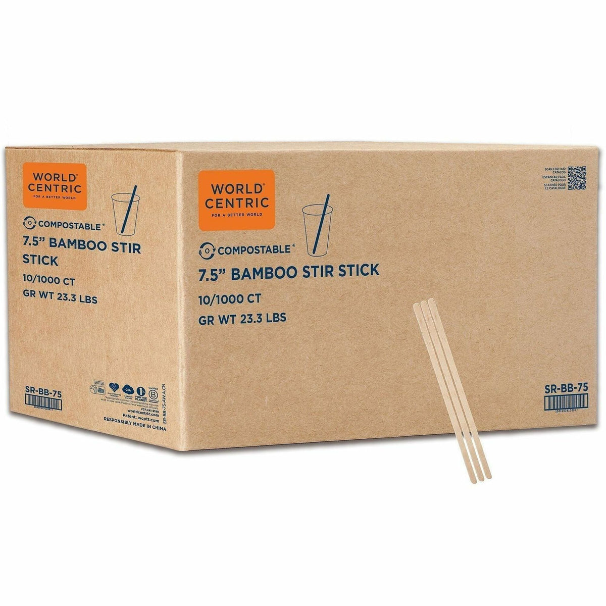 World Centric Compostable Bamboo Stir Sticks, 7.5", Natural, 10000/Carton (WORSRBB75)