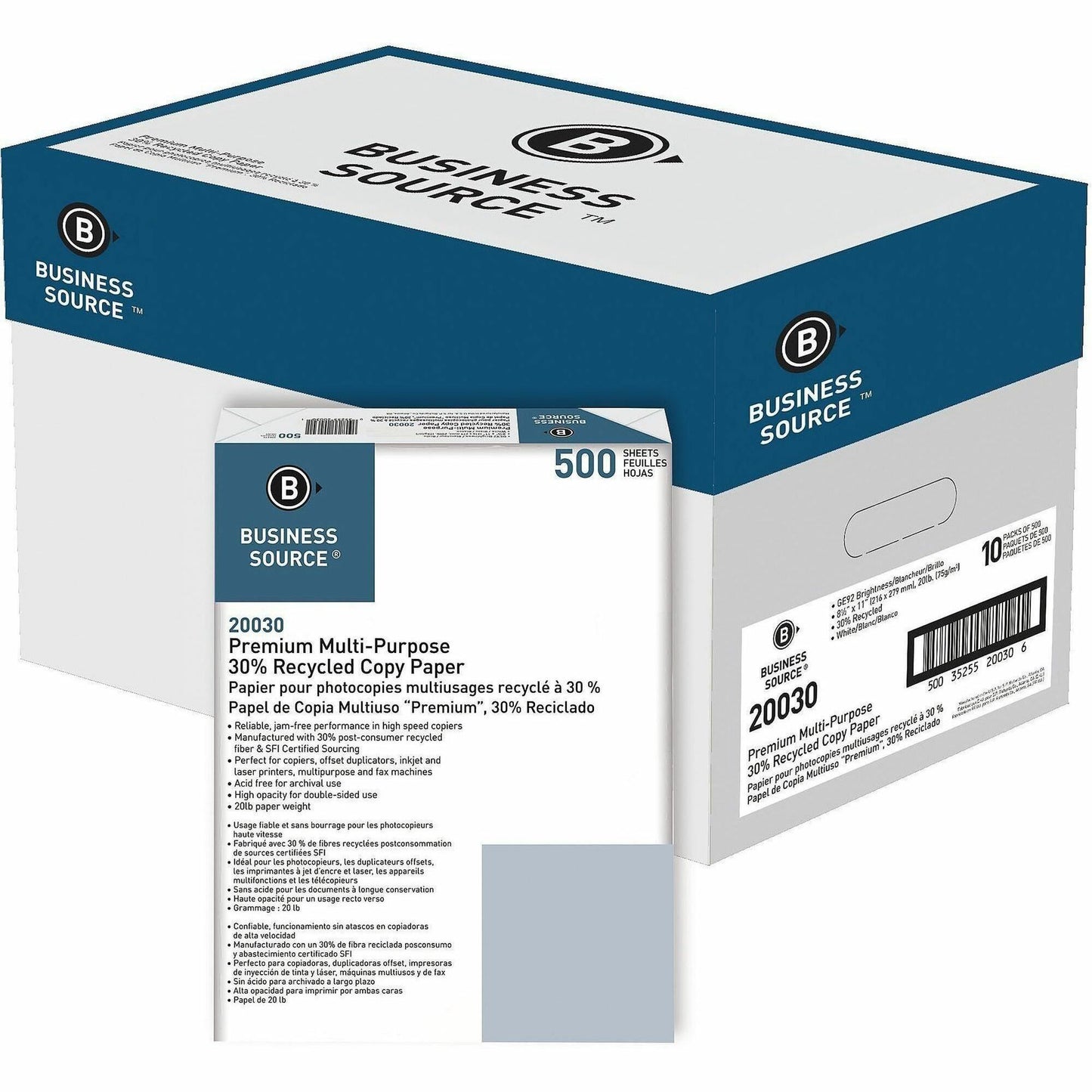 Business Source Recycled Copy Paper, 92 Brightness, Letter, 8 1/2" x 11", 20 lb Basis Weight, White, 500 Sheets/Ream, 10 Reams/Carton (BSN20030)