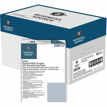 Business Source Recycled Copy Paper, 92 Brightness, Letter, 8 1/2" x 11", 20 lb Basis Weight, White, 500 Sheets/Ream, 10 Reams/Carton (BSN20030)