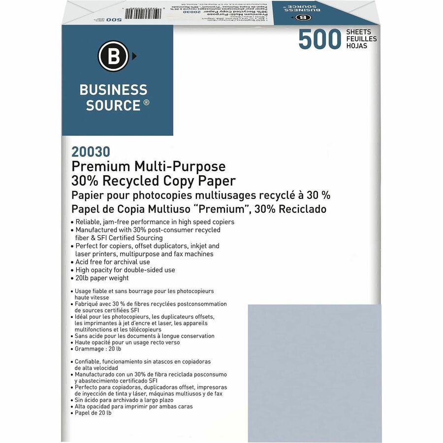 Business Source Recycled Copy Paper, 92 Brightness, Letter, 8 1/2" x 11", 20 lb Basis Weight, White, 500 Sheets/Ream, 10 Reams/Carton (BSN20030)