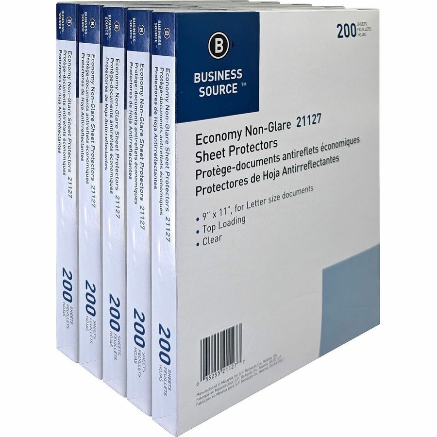 Business Source Nonglare Top-Loading Sheet Protectors, Sheet Capacity, For Letter 8 1/2" x 11" Sheet, 3 x Holes, 200/Box, 5 Boxes/Carton (BSN21127CT)