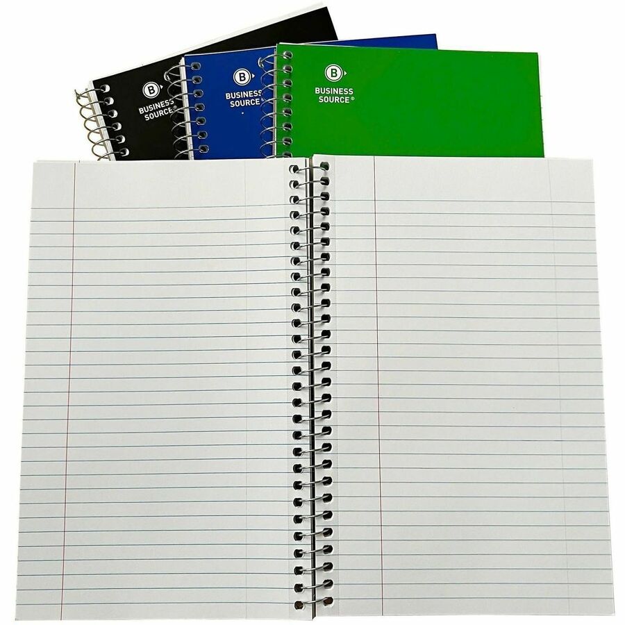 Business Source 3-Subject Wirebound Notebooks, 3 Subject(s), Wire Bound, Ruled Margin, 15 lb Basis Weight, 9 1/2" x 6" Sheet Size, White Paper, Paperboard Cover, Note Section, Durable, Micro Perforated, 4/Pack (BSN66414)