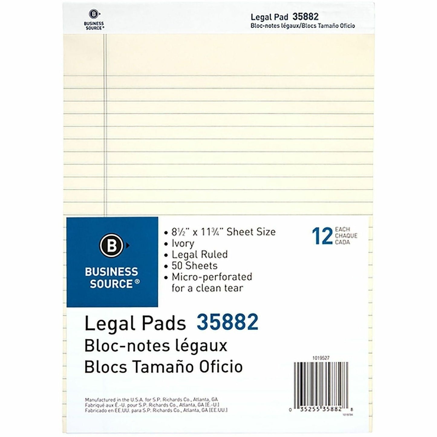 Business Source Micro-Perforated Legal Ruled Pads, 1 Subject, Stapled/Tapebound, Wide Ruled, 12/Dozen (BSN35882)