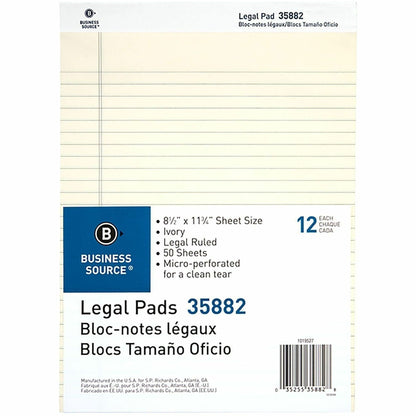 Business Source Micro-Perforated Legal Ruled Pads, 1 Subject, Stapled/Tapebound, Wide Ruled, 12/Dozen (BSN35882)