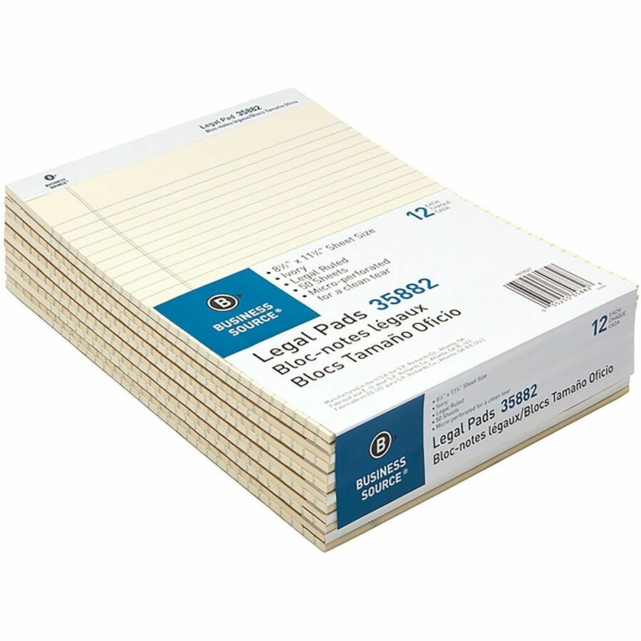 Business Source Micro-Perforated Legal Ruled Pads, 1 Subject, Stapled/Tapebound, Wide Ruled, 12/Dozen (BSN35882)
