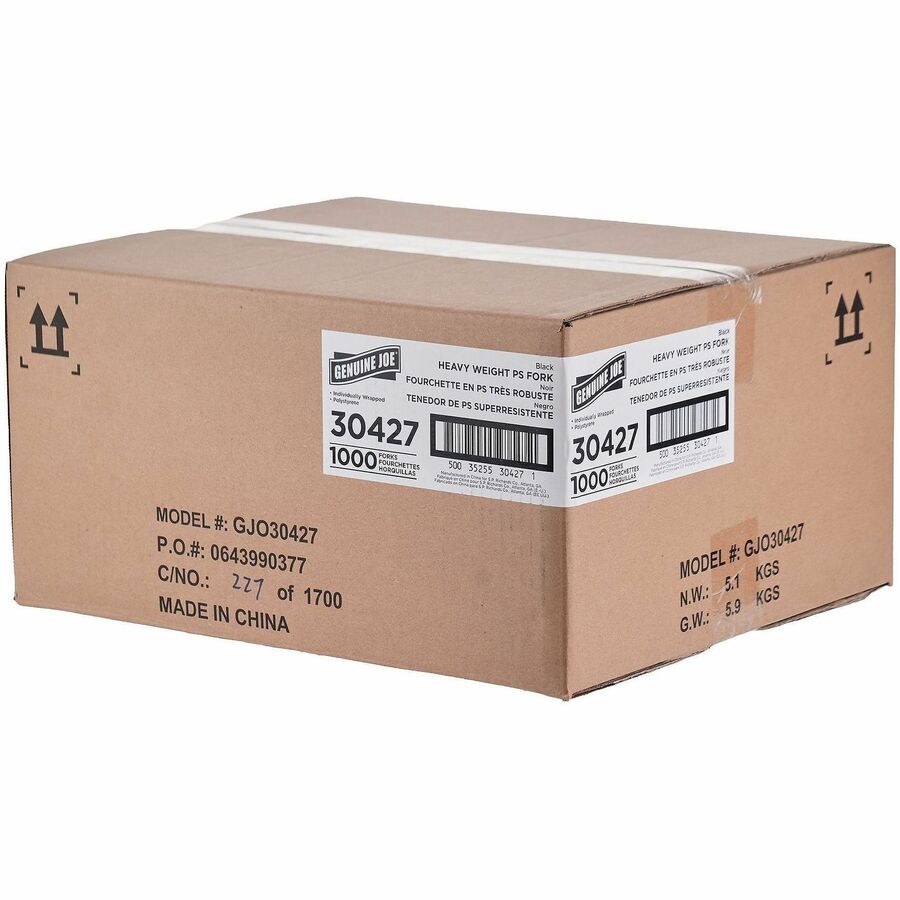 Genuine Joe Individually Wrapped Disposable Polystyrene Fork, Black, 1000/Carton (GJO30427)