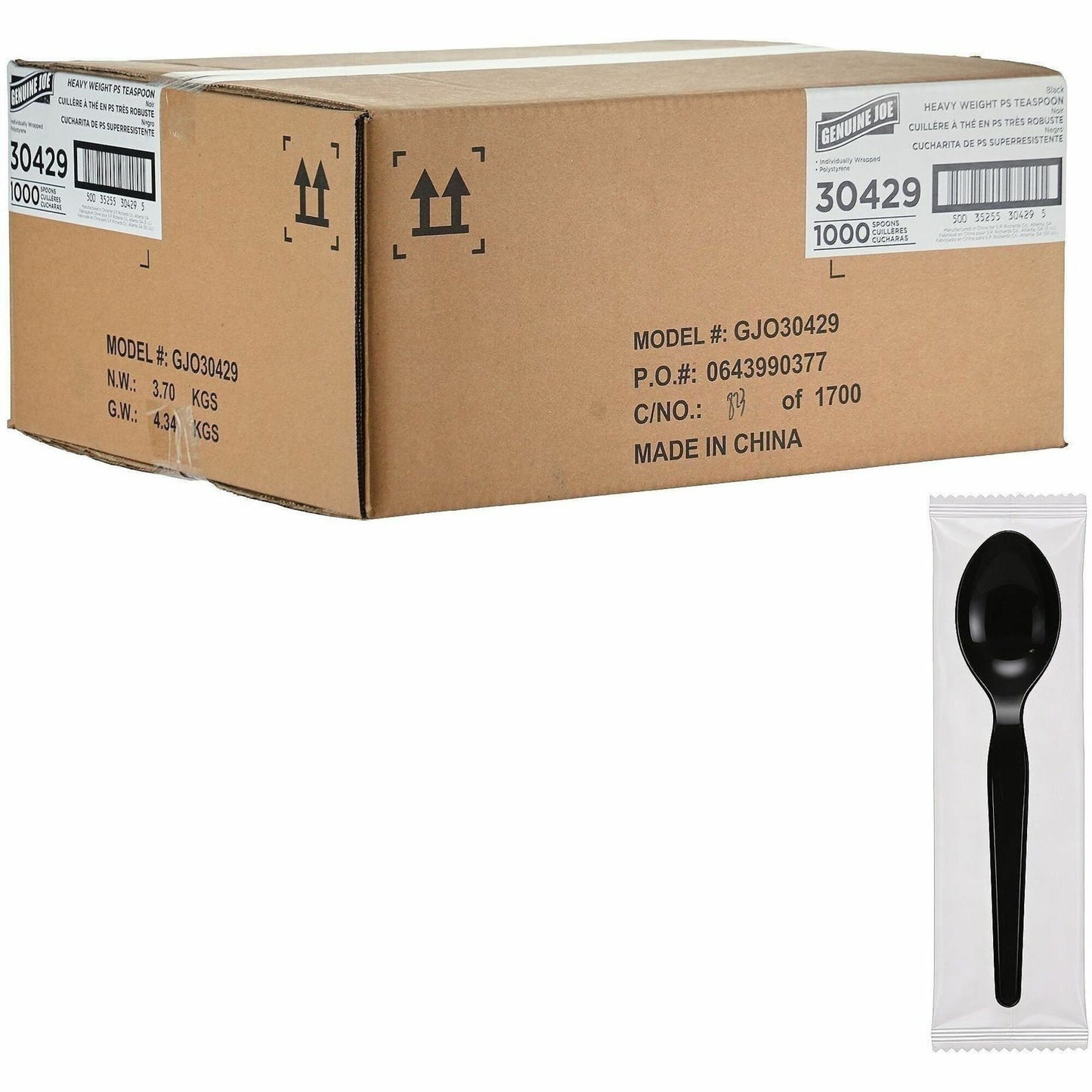 Genuine Joe Individually Wrapped Disposable Polystyrene Spoon, Black, 1000/Carton (GJO30429)