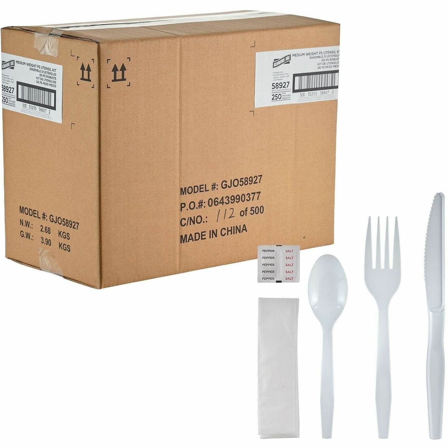 Genuine Joe 6-Piece Medium-Heavyweight Utensil Kit, White, 250 Kits/Carton (GJO58927)