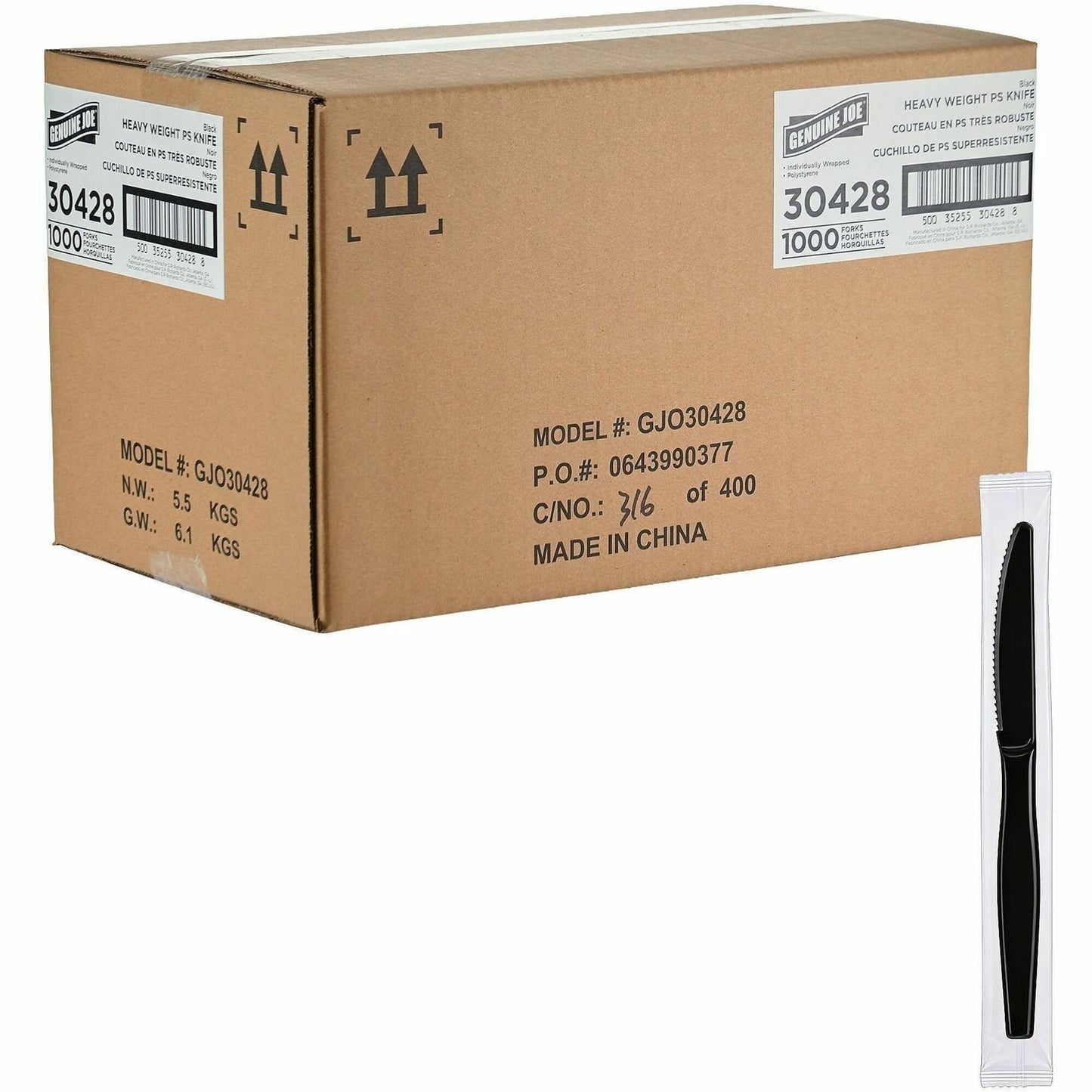 Genuine Joe Individually Wrapped Disposable Polystyrene Knife, Black, 1000/Carton (GJO30428)