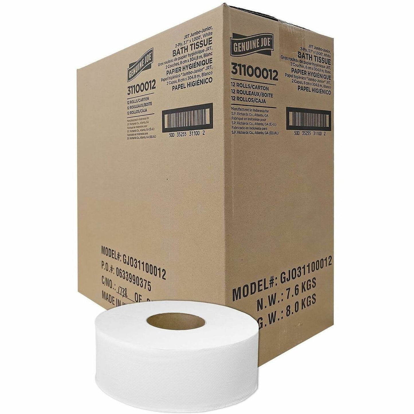 Genuine Joe Jumbo 2-Ply Bathroom Tissue, 2 Ply, 37.20" Width x 1000 ft Length, White, 12 Rolls/Carton (GJO31100012)