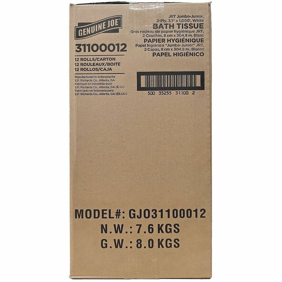 Genuine Joe Jumbo 2-Ply Bathroom Tissue, 2 Ply, 37.20" Width x 1000 ft Length, White, 12 Rolls/Carton (GJO31100012)
