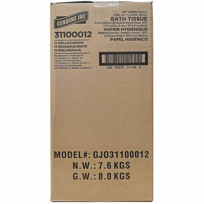 Genuine Joe Jumbo 2-Ply Bathroom Tissue, 2 Ply, 37.20" Width x 1000 ft Length, White, 12 Rolls/Carton (GJO31100012)