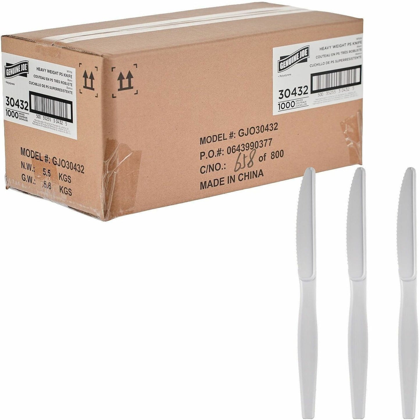 Genuine Joe Disposable Polystyrene Knife, White, 1000/Carton (GJO30432)