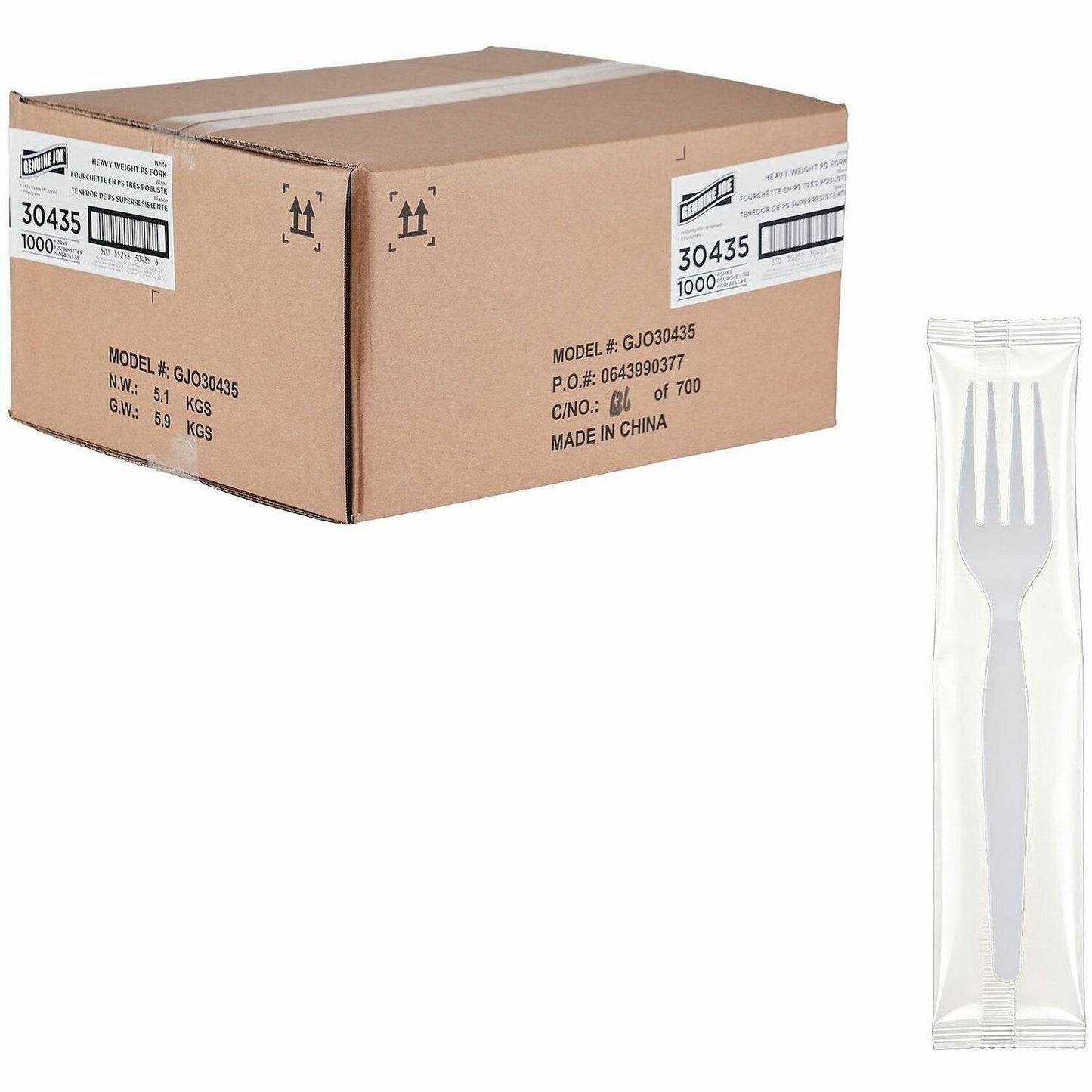 Genuine Joe Individually Wrapped Disposable Polystyrene Fork, White, 1000/Carton (GJO30435)