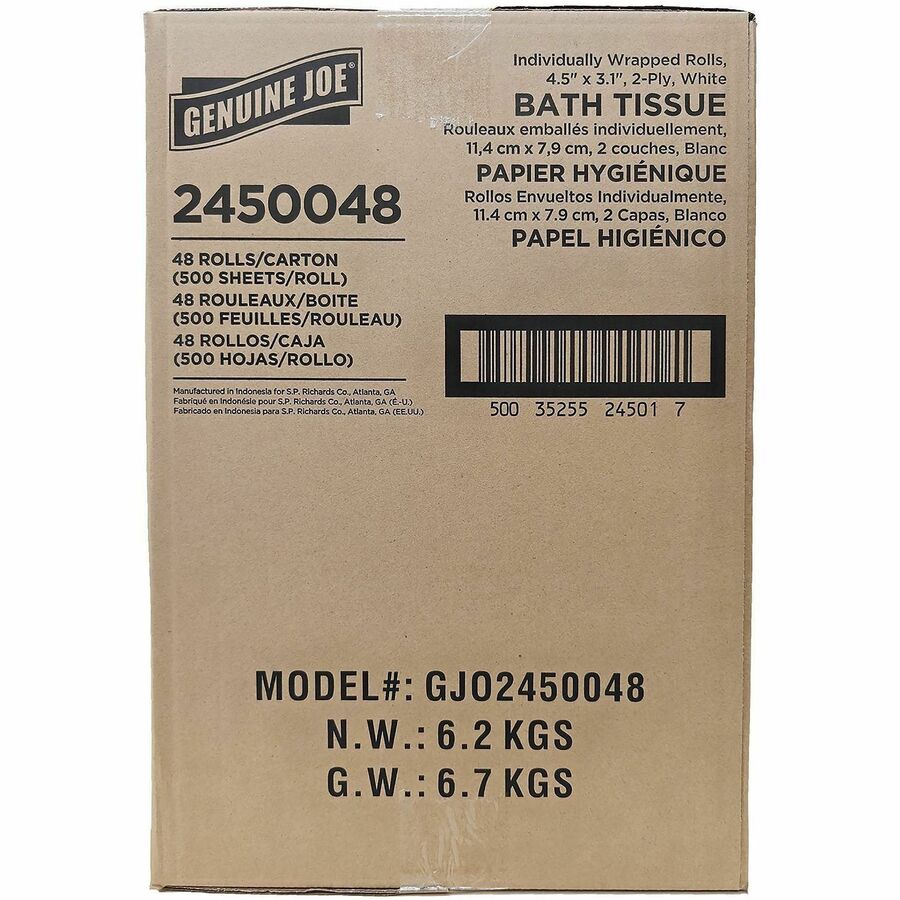 Genuine Joe 2-Ply Bathroom Tissue, 2 Ply, 500 Sheets/Roll, 48 Rolls/ Carton (GJO2450048)